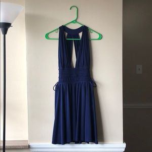 Express dress in deep blue with plunging neckline